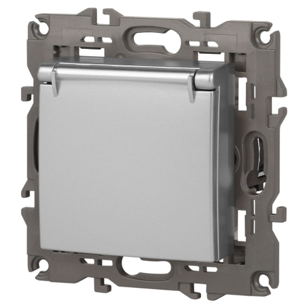 14-2103-03 ЭРА Розетка 2P+E Schuko со шторками с крышкой, 16A-250В, IP20, Эра Elegance, алюминий | Elegance Алюминий