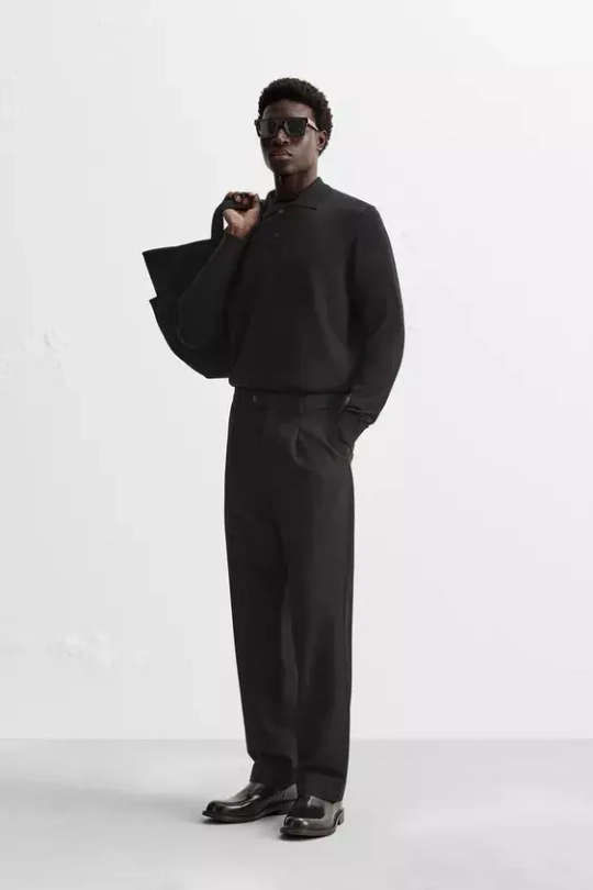 ZARA БРЮКИ ИЗ ХЛОПКА И ШЕРСТИ СО СКЛАДКАМИ, ЧЕРНЫЙ