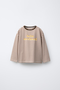 ZARA ФУТБОЛКА В ПОЛОСКУ С ТЕКСТОМ, ГОРЧИЧНЫЙ