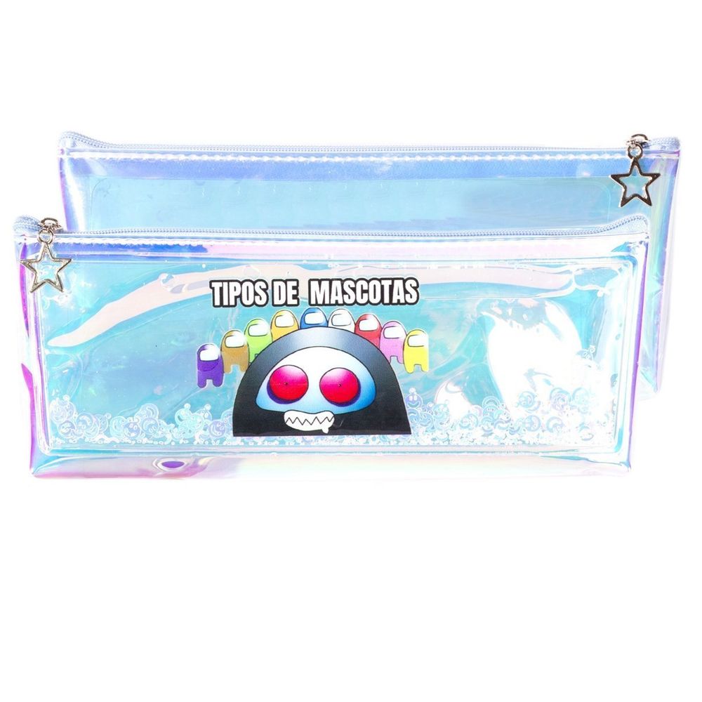 Пенал - косметичка Alingar, ПВХ-голографика, молния, жидкость, 75 х 210 мм, "Tipos de mascotas", голубой (монстрики)