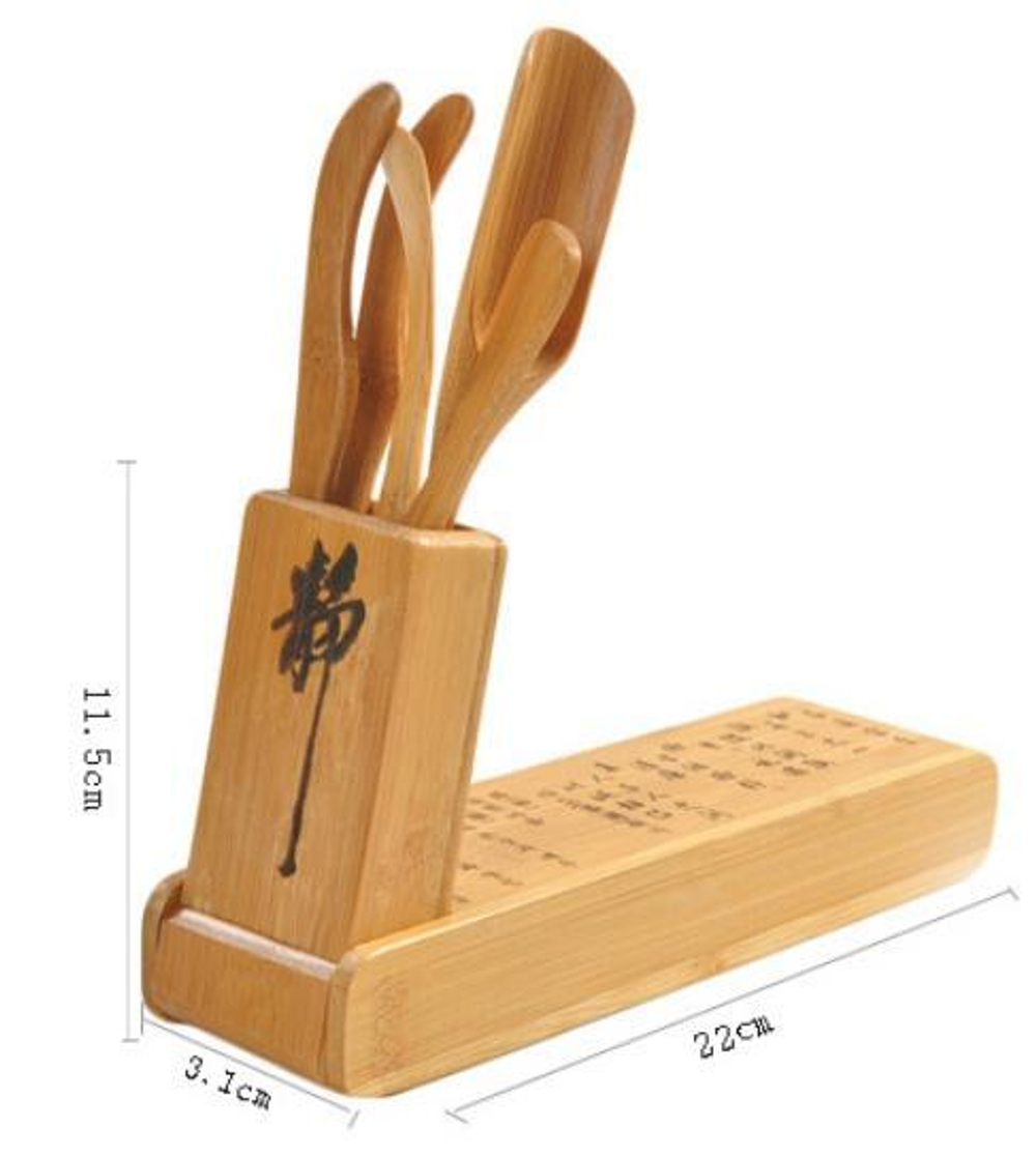 300001 Набор чайных инструментов  складной, 4 предмета + подставка,  бамбук