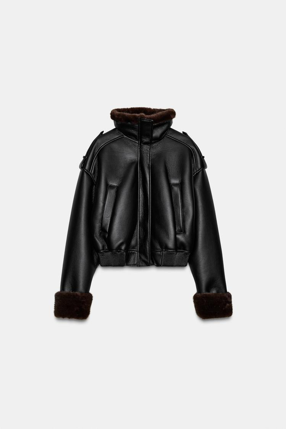 ZARA ДУБЛЕНКА-БОМБЕР ИЗ ИСКУССТВЕННОЙ КОЖИ, ЧЕРНЫЙ