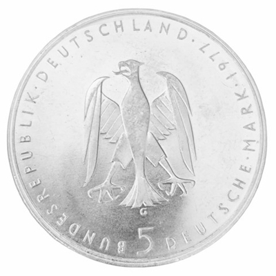 Монета 5 марок 1977 год "200 лет Генриха фон Клейста"