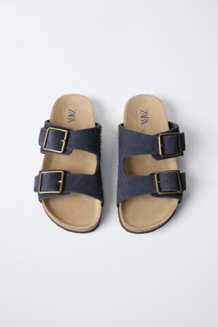 ZARA КОЖАНЫЕ САНДАЛИИ С ПРЯЖКАМИ, МОРСКОЙ СИНИЙ