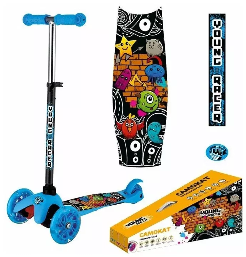 Самокат 3-х кол.118мм  кикборд, YOUNG RACER синий S909G-1 колеса свет. 50кг