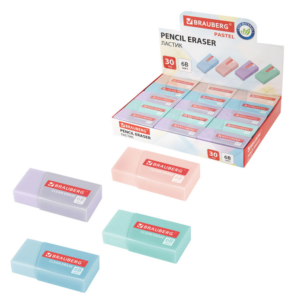 Ластик BRAUBERG "PASTEL MATTE", 50х24х10мм, прямоугольный, картон.держатель, эко ПВХ, ассорти,272729
