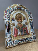 Николай чудотворец, икона арочная с рамкой под стеклом, белое дерево, эмаль 167х228