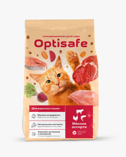 Optisafe корм сухой для взрослых кошек мясное ассорти