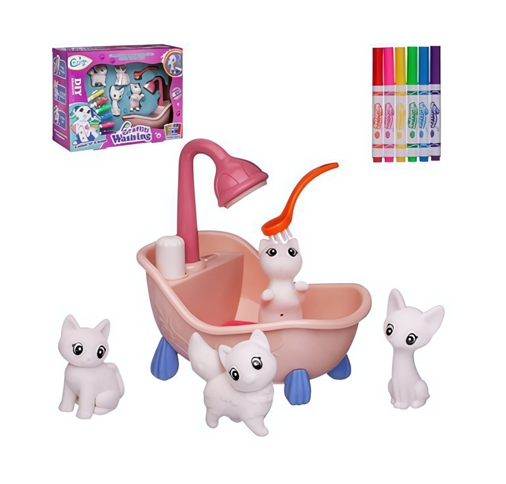 Набор д/творчества Фигурки для раскраски. Котята в ванне с душем (4 фигурки, 6 фломастеров, щетка, р