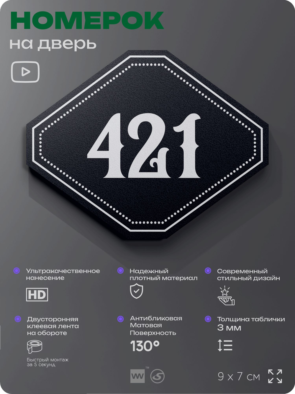 Номерок на дверь квартиры 421, для кабинета, офиса, шильдик 9 х 7 см, черный, Айдентика Технолоджи