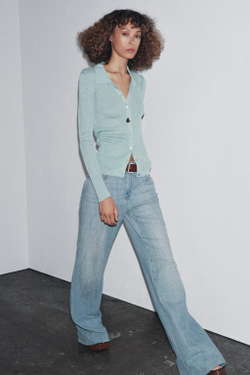 ZARA ТРИКОТАЖНЫЙ ТОП ПОЛО С МЕТАЛЛИЗИРОВАННОЙ НИТЬЮ, ПАСТЕЛЬНО-СИНИЙ