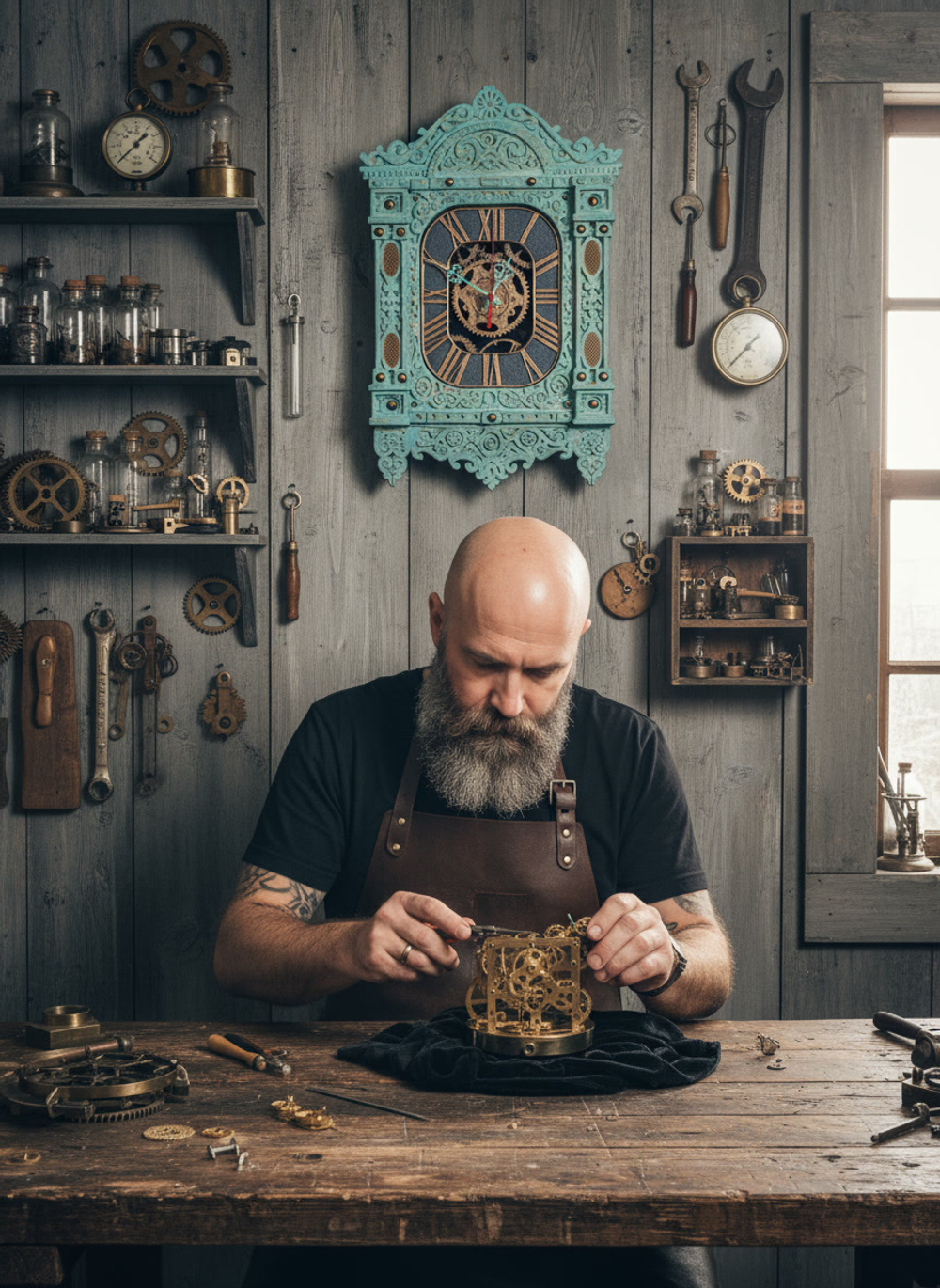 Мастер WOODandROOT работает над механизмом, а мятные резные часы-наличник на стене дополняют атмосферу спокойного северного ремесла.