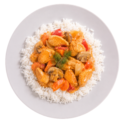 Рис с овощами и курицей в соусе Карри