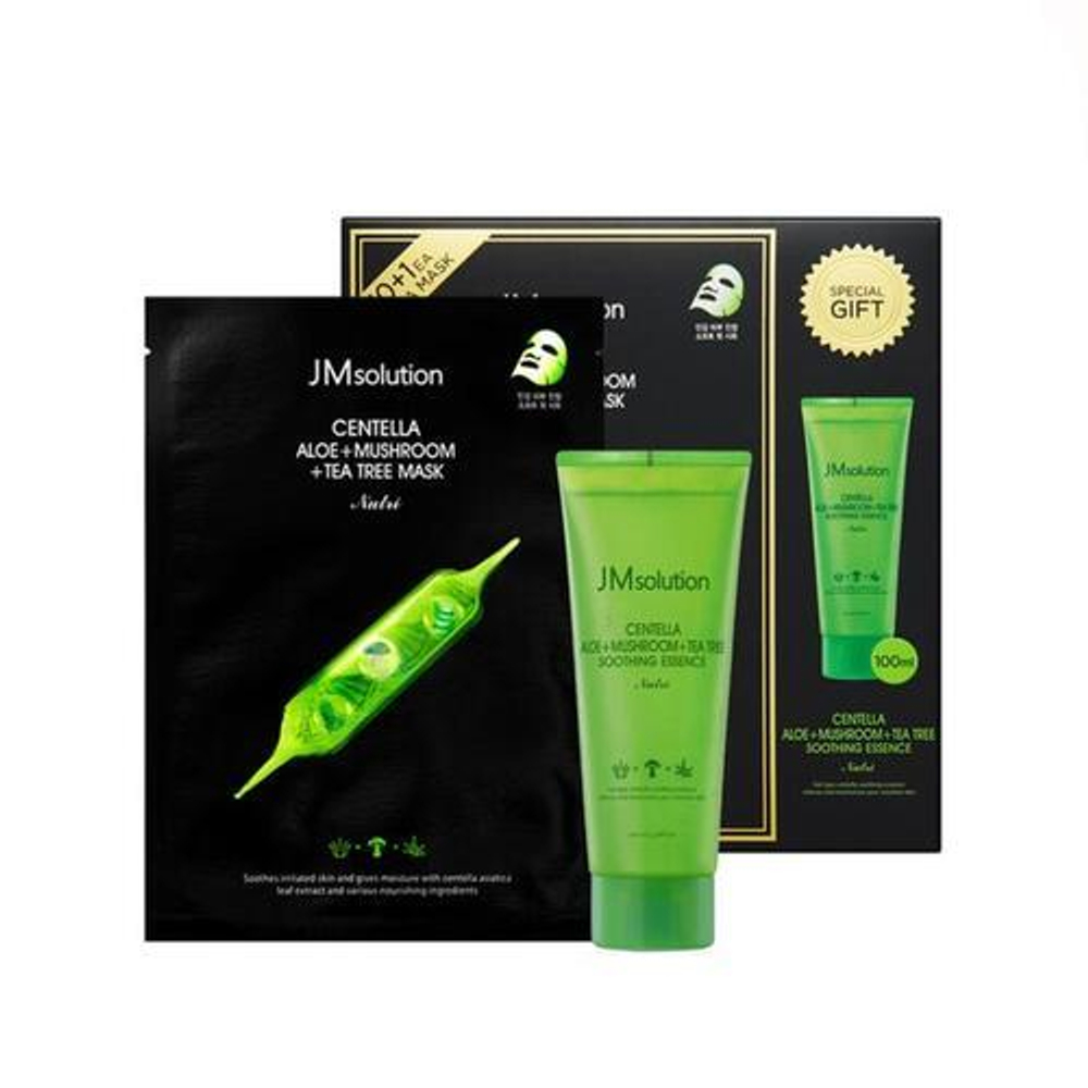 JMsolution Набор из тканевых масок и эссенции - Centella aloe+mushroom+tea tree, 12 предметов