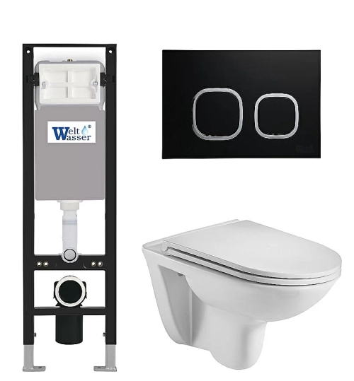 Унитаз подвесной WeltWasser AMBERG 350 + BAARBACH 004 GL-WT + AMBERG RD-BL белый глянцевый, безободковый, с крышкой микролифт, с инсталляцией и черной кнопкой
