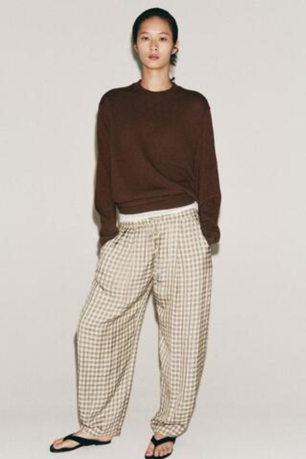 ZARA СВОБОДНЫЕ БРЮКИ В КЛЕТКУ ZW COLLECTION, ЭКРЮ