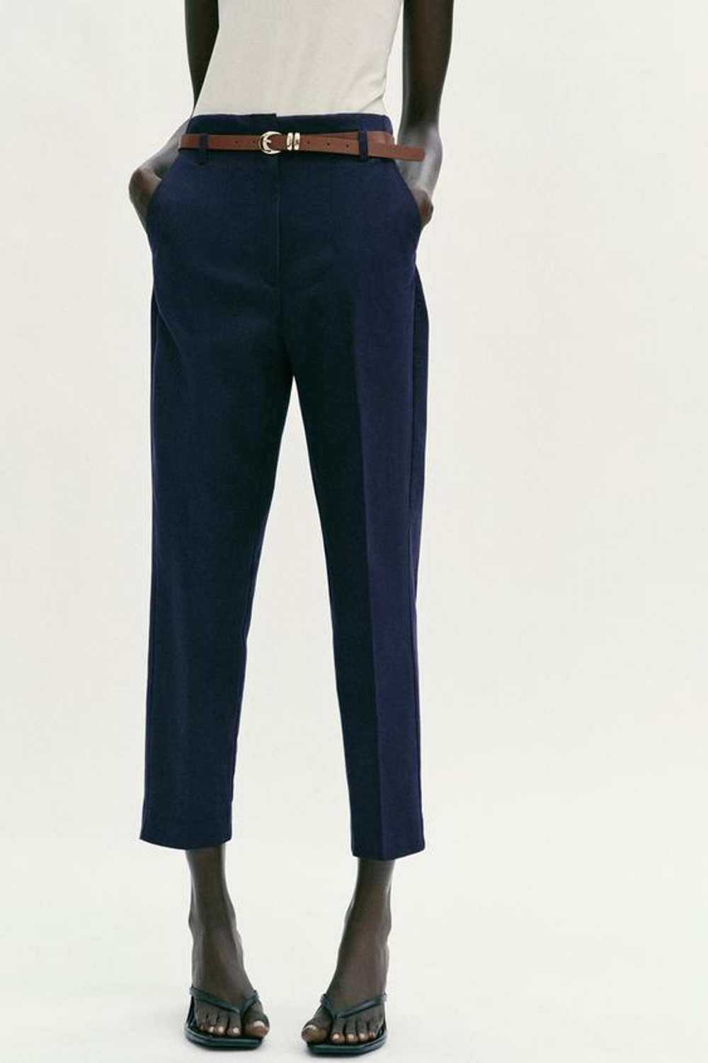 ZARA БРЮКИ С ВЫСОКОЙ ПОСАДКОЙ И РЕМНЕМ, МОРСКОЙ СИНИЙ