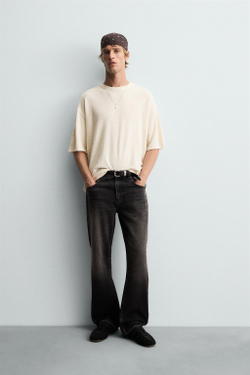 ZARA ТРИКОТАЖНАЯ ФУТБОЛКА С ПРИНТОМ И ЭФФЕКТОМ ПОТЕРТО, ЭКРЮСТИ