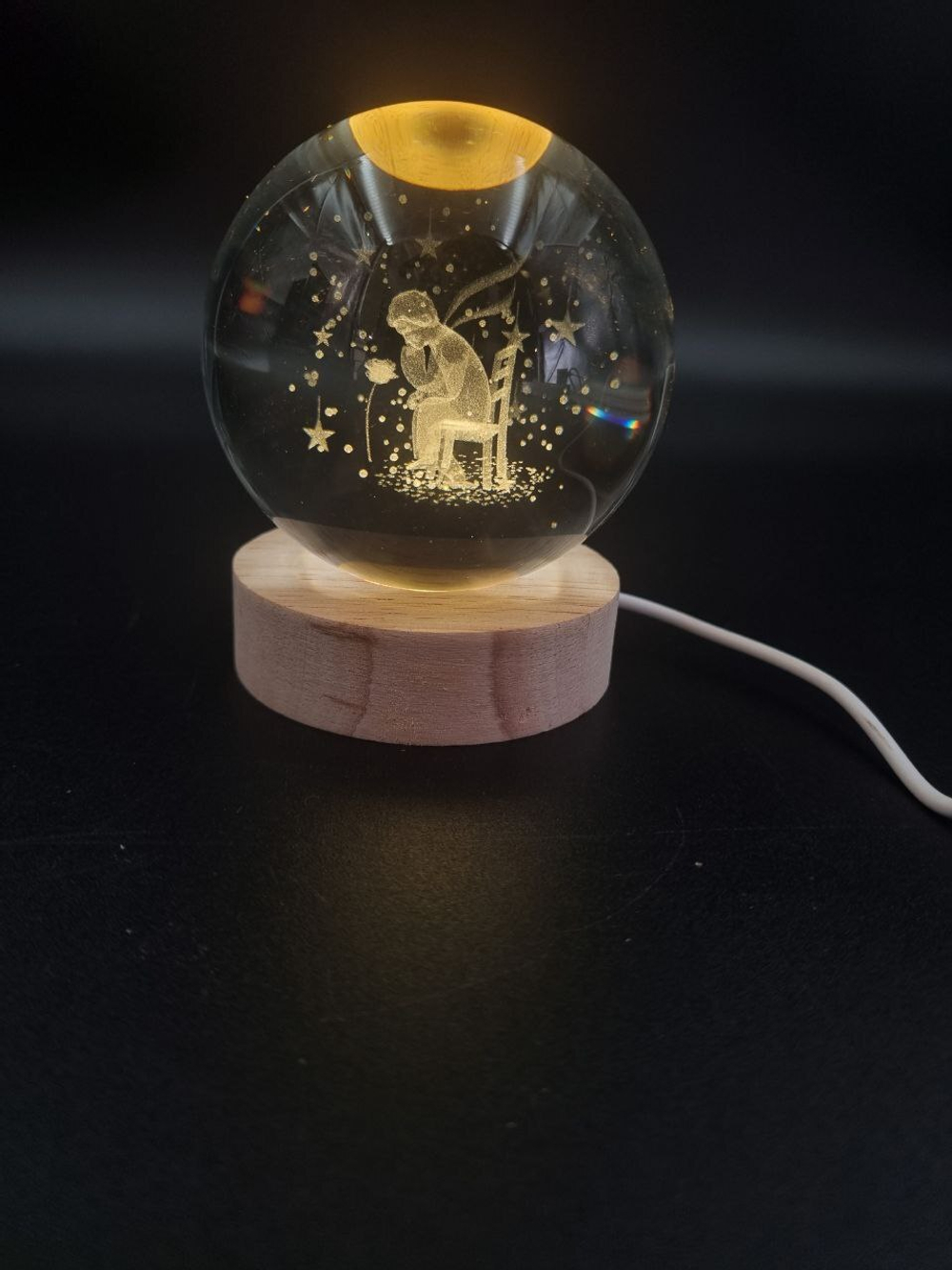 Хрустальный светодиодный шар-ночник МИКС на деревянной подставке СЕТЬ d8см