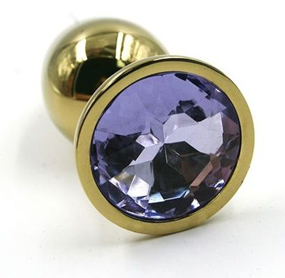 Золотистая алюминиевая анальная пробка с светло-фиолетовым кристаллом - 7 см. (Цвет: фиолетовый)