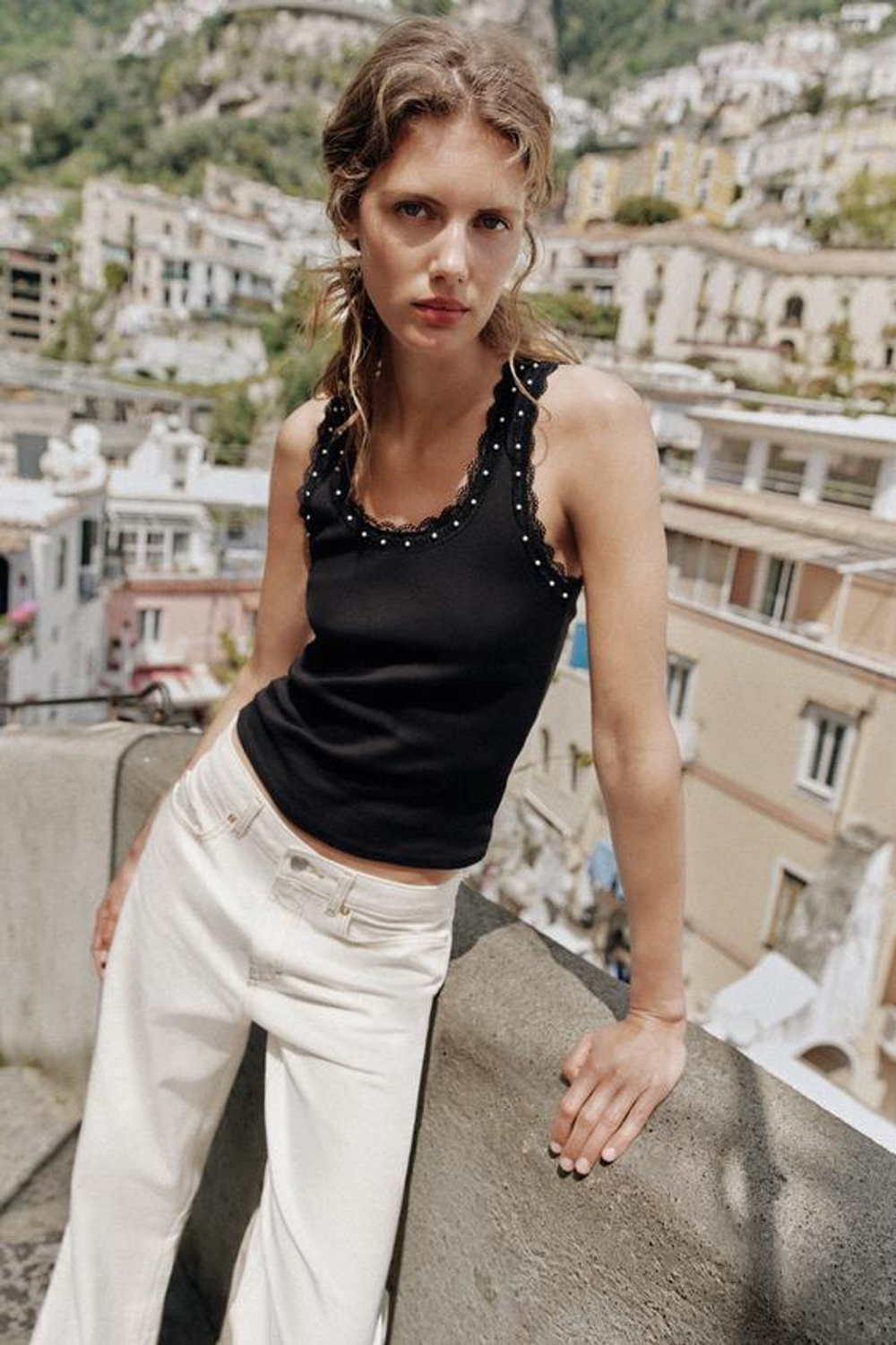 ZARA ТОП С ЖЕМЧУГОМ И КРУЖЕВОМ, ЧЕРНЫЙ
