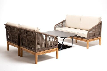 "Канны" диван 2-местный плетеный из роупа, основание дуб, роуп коричневый круглый, ткань бежевая 052