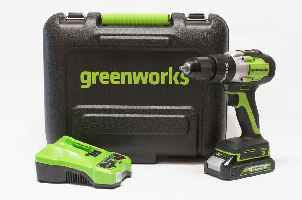 Дрель-шуруповерт 24V Greenworks GD24DD60K2 ударная б/щ 60Нм АКБ 2Ач и ЗУ кейс