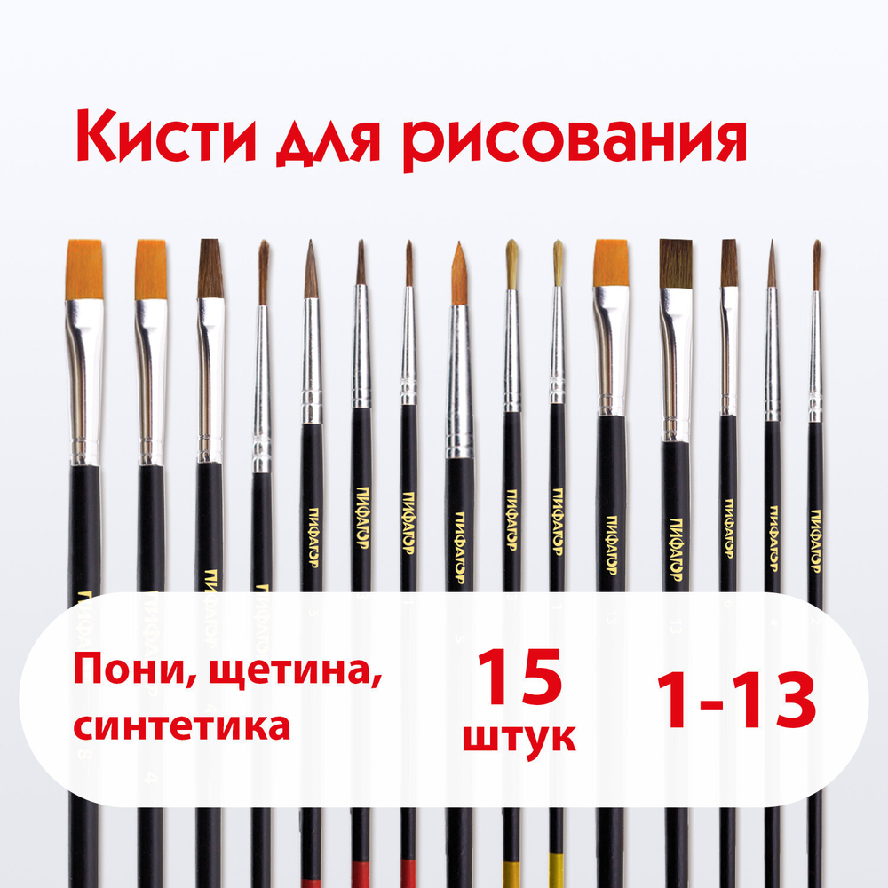 Кисти ПИФАГОР, набор 15 шт. (ПОНИ - 9 шт., СИНТЕТИКА - 4 шт., ЩЕТИНА - 2 шт., круглые, плоские), блистер, 200504