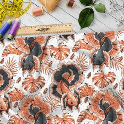 Ткань шелк Армани крупные красные рыбы и листья на белом фоне