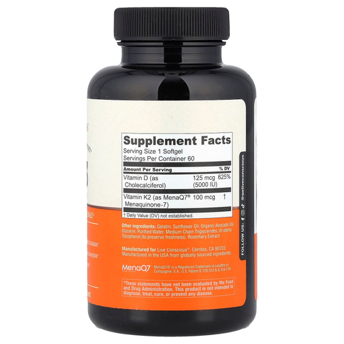 Live Conscious, K2 и D3, 60 мягких таблеток