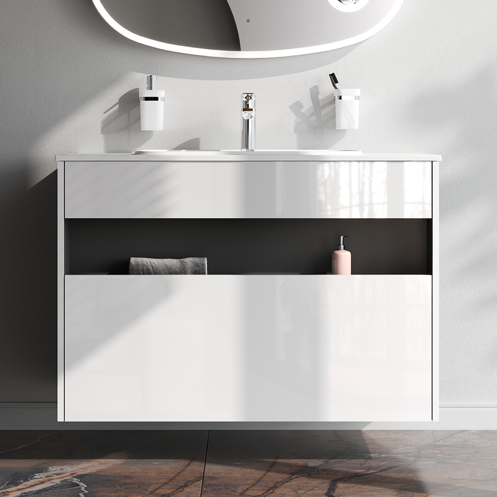 База под раковину с нишей и 1 ящиком, 100 см, белый глянец, универсальная