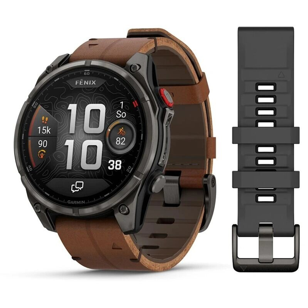 Умные часы Garmin Fenix 8 Pro 51mm, Amoled/Sapphire, Carbon Grey DLC Titanium wiht Chestnut Leather Band + Black/Pebble Gray Silicon Band (010-03199-40)