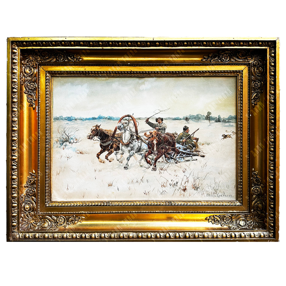 Соколов П. П. (1821–1899) (?) «Нападение волка на тройку». Акварель. XIX в.