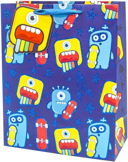Пакет подарочный, Яркие монстрики, Синий, с блестками, 32*26*12 см, 1 шт.