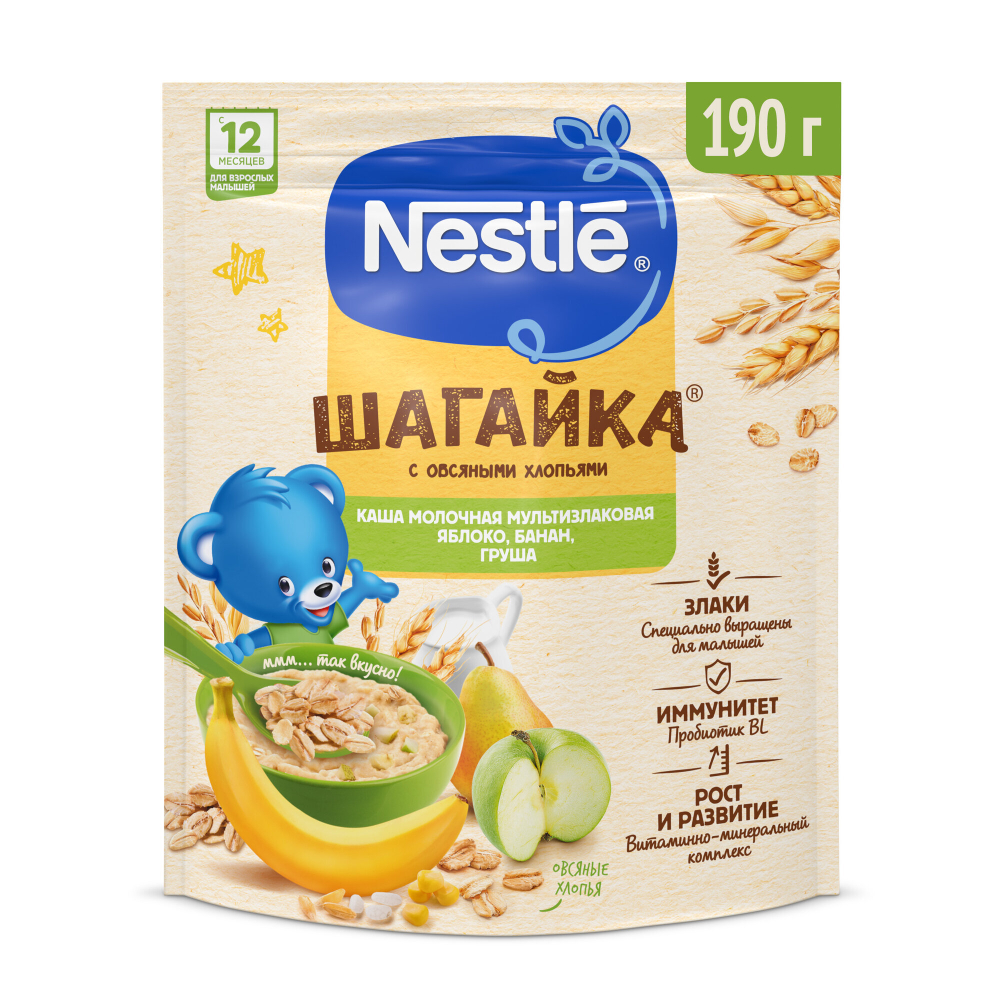 Каша Нестле Шагайка с овсяными хлопьями,земляника,яблоко,малтна 190г