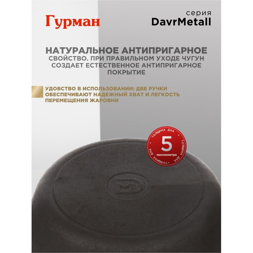 Жаровня чугун, 28 см, с двумя ручками, Гурман, DavrMetall, индукц