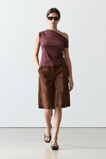 Massimo Dutti Топ асимметричного кроя с драпировкой из смесового льна, бургунди