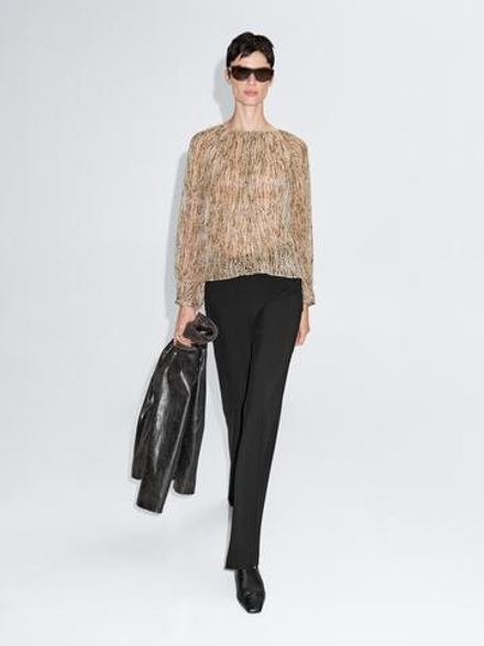 Massimo Dutti Полупрозрачная драпированная блузка, каменно-серый