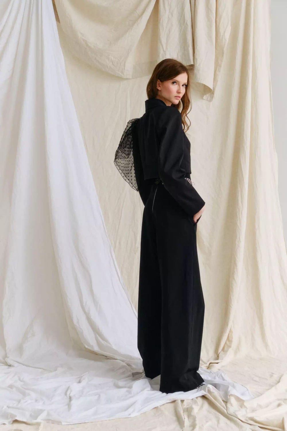 Брюки-палаццо с сеткой черные