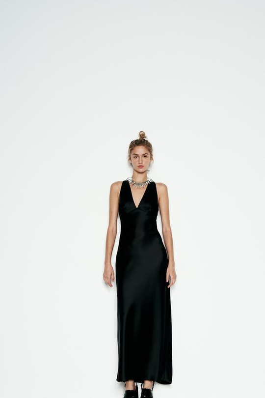 ZARA ПЛАТЬЕ МИДИ ИЗ САТИНА, ЧЕРНЫЙ
