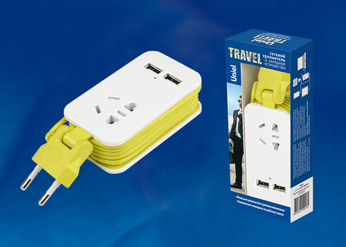 S-CT1-1,5U WHITE/GREEN LM Удлинитель серии Travel, шнур 1,5м., 1 гнездо, б/з, 2USB*1,1A. Белый с салатовым. ТМ Uniel.