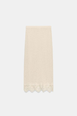 ZARA ЮБКА ИЗ ТКАНИ РУСТИК С КРУЖЕВОМ КРОШЕ, ПЕСОЧНЫЙ