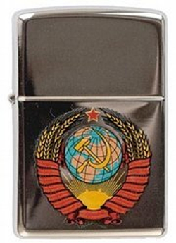 Легендарная классическая американская бензиновая широкая зажигалка ZIPPO Classic High PolishChrome™ серебристая глянцевая из латуни и стали с Гербом СССР ZP-250 Герб СССР