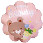 Шар (18''/46 см) Круг, Happy Birthday (мишка с букетом), Розовый, 1 шт.