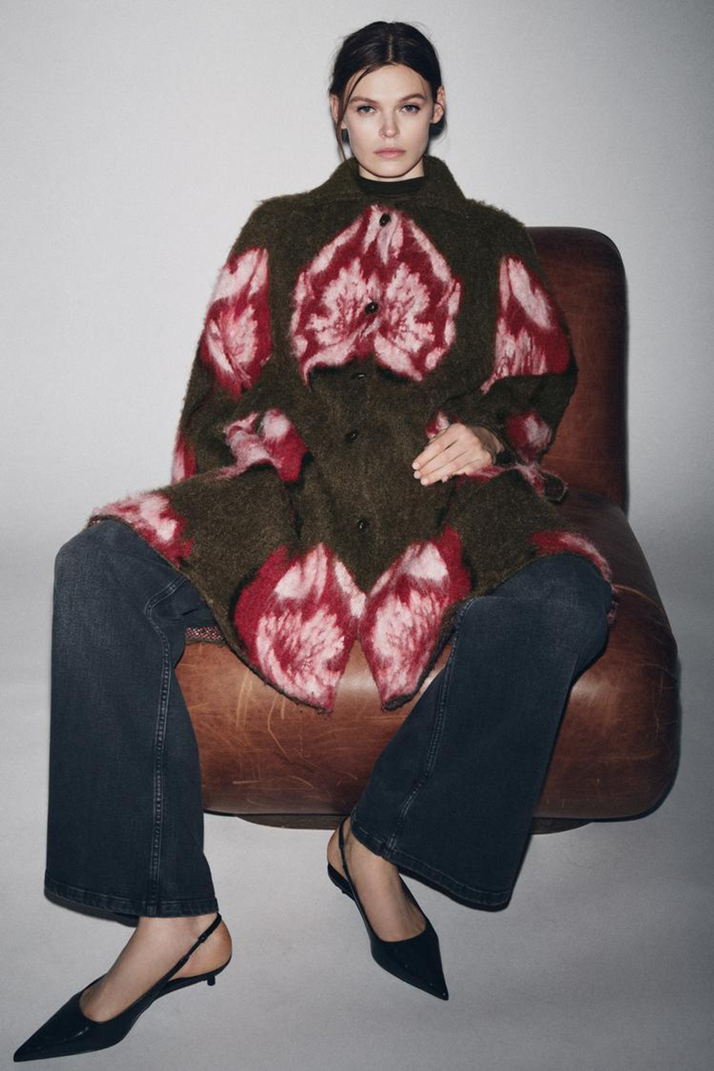 ZARA ЖАККАРДОВОЕ ПАЛЬТО ИЗ ВОРСОВОЙ ТКАНИ, КОРИЧНЕВЫЙ