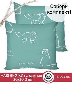 Наволочка комплект 2шт перкаль Сказка "Котики (мята)" 30х30 см на молнии