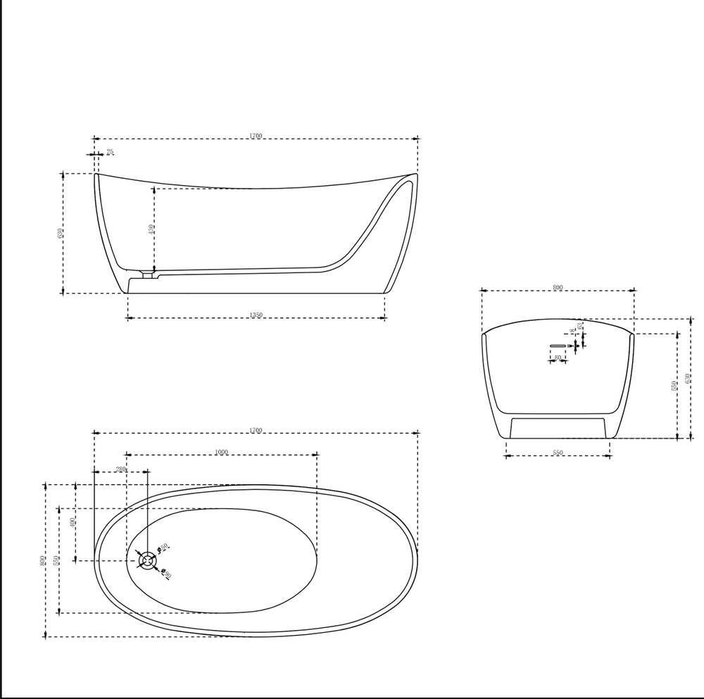 Ванна Solid Surface Vincea VBT-6S03MW, 1700*800*630, белый мат., слив-перелив в комплекте