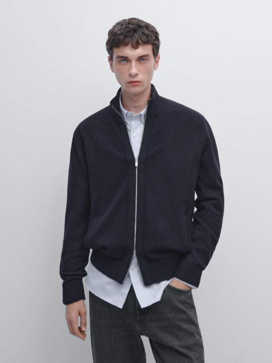 Massimo Dutti Кардиган из смесовой шерсти на молнии, темно-синий