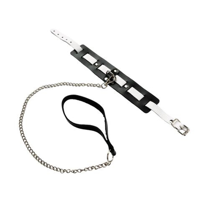 Черно-белый кожаный ошейник с поводком-цепочкой (Цвет: черный с белым)