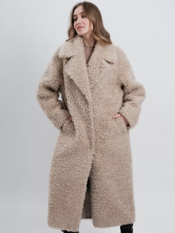 Шуба чебурашка длинная из овечьей шерсти, светло-бежевая, SilverFox